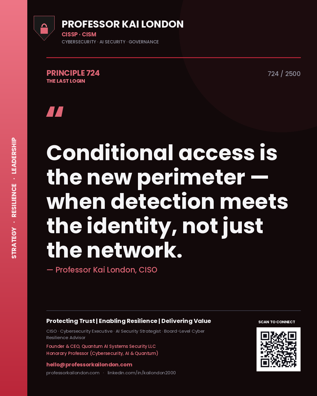Quote card by Professor Kai London reading 'Conditional access is the new perimeter — when detection meets the identity, not just the network.'. From the book The Last Login.