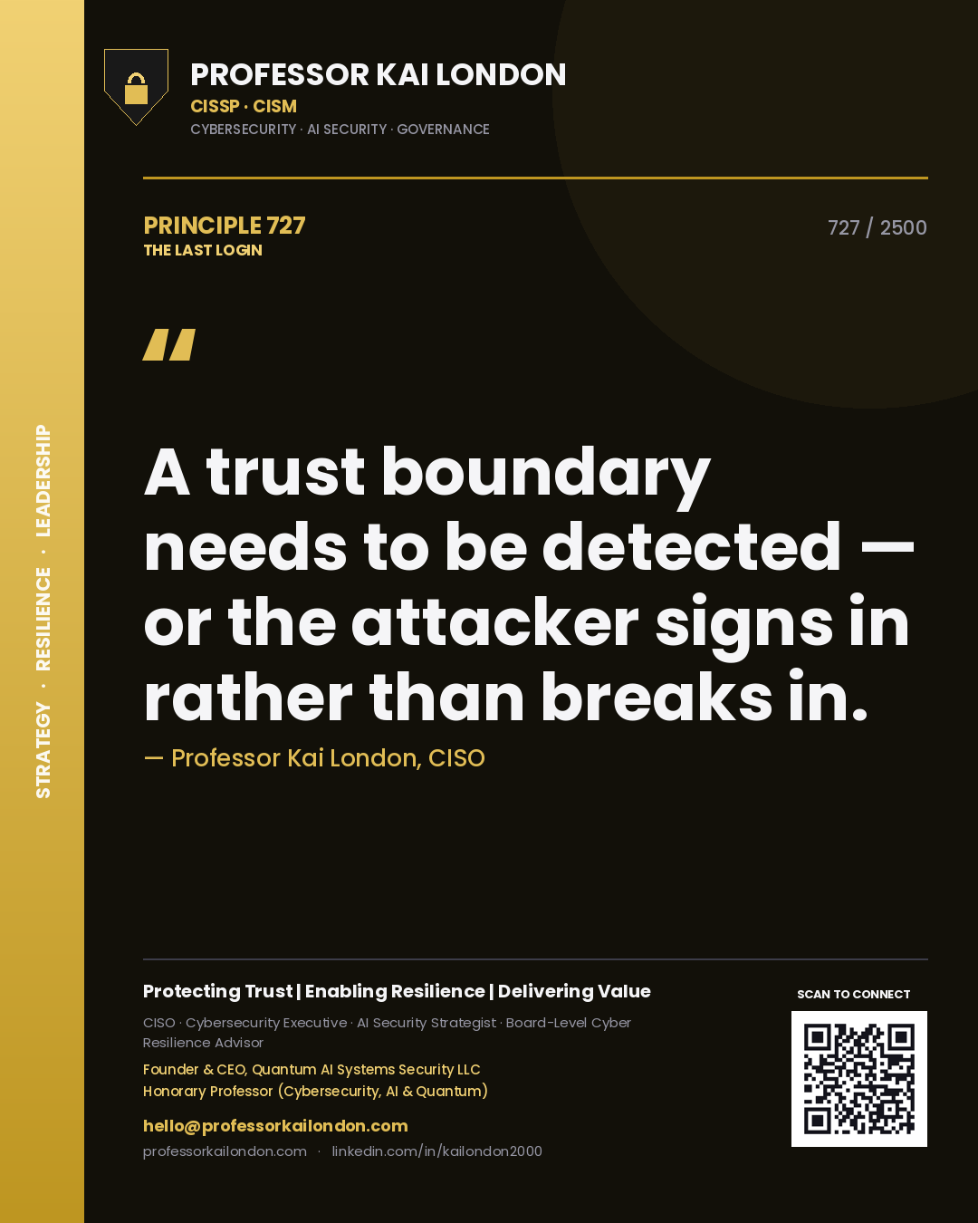 Professor Kai London principle 727: A trust boundary needs to be detected — or the attacker signs in rather than breaks in.