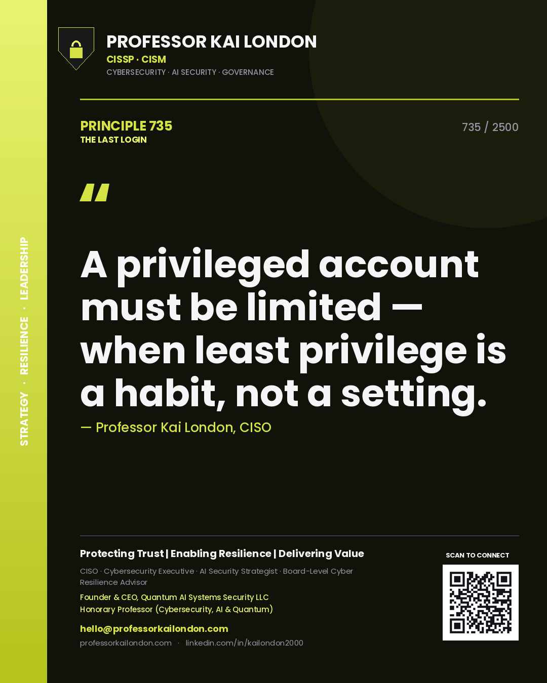 Quote card by Professor Kai London reading 'A privileged account must be limited — when least privilege is a habit, not a setting.'. From the book The Last Login.