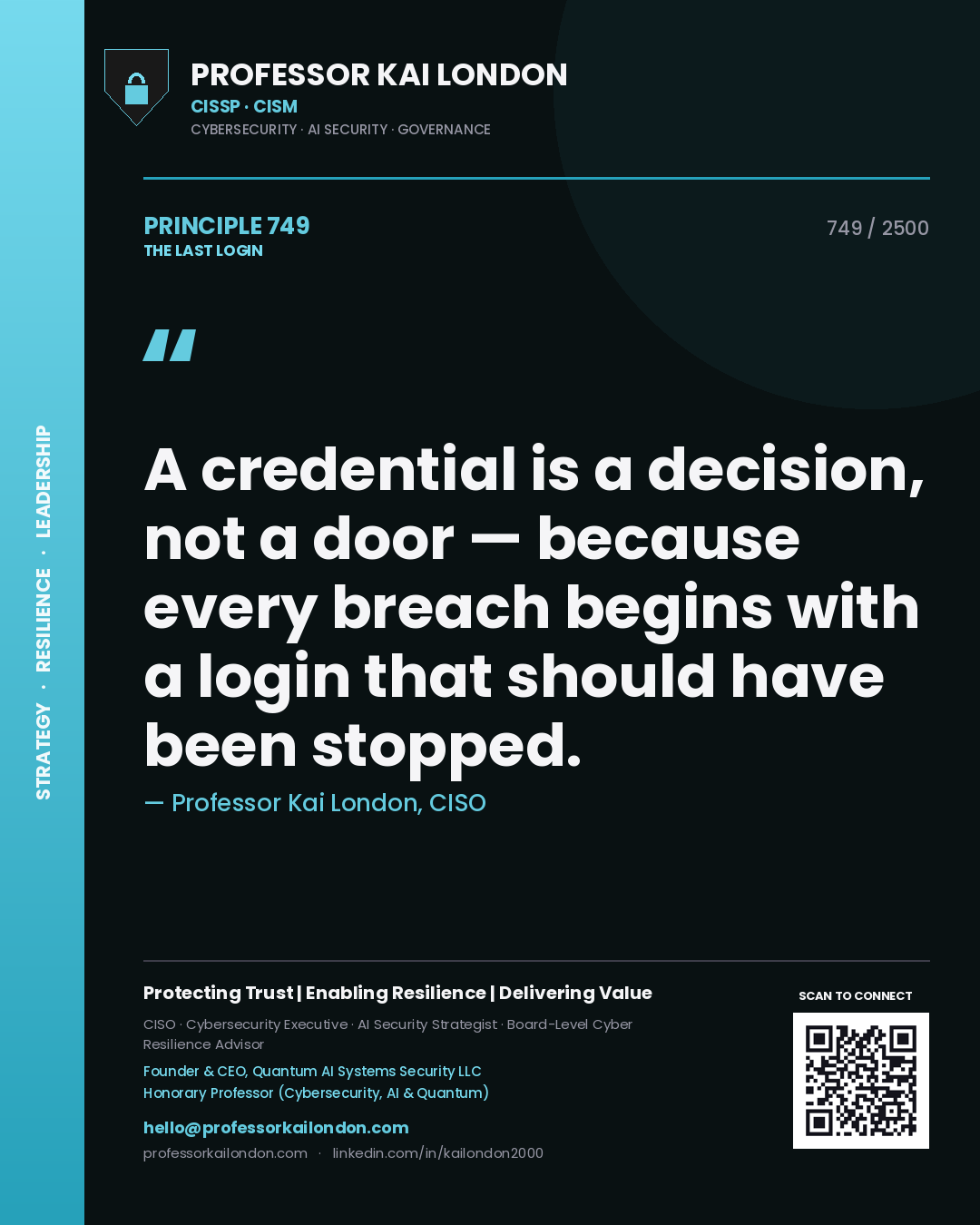 Quote card by Professor Kai London reading 'A credential is a decision, not a door — because every breach begins with a login that should have been stopped.'. From the book The Last Login.