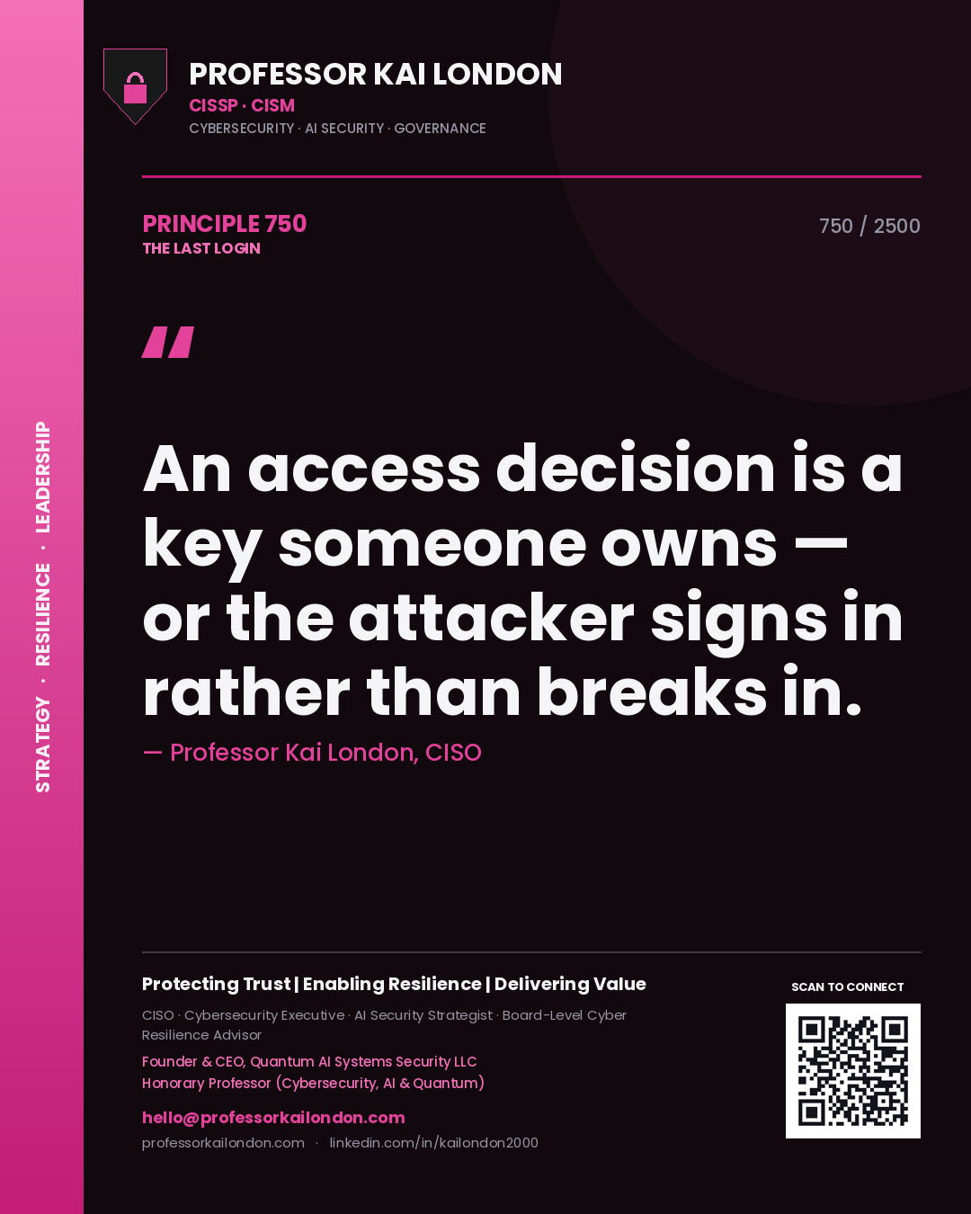 Quote card by Professor Kai London reading 'An access decision is a key someone owns — or the attacker signs in rather than breaks in.'. From the book The Last Login.