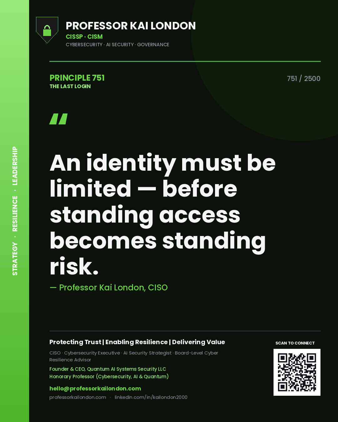 Quote card by Professor Kai London reading 'An identity must be limited — before standing access becomes standing risk.'. From the book The Last Login.