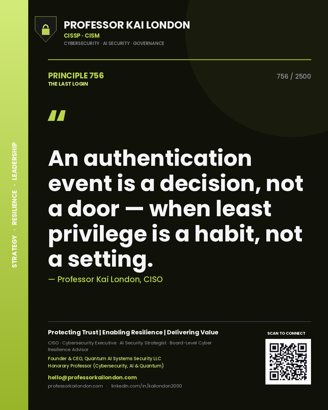 Quote card by Professor Kai London reading 'An authentication event is a decision, not a door — when least privilege is a habit, not a setting.'. From the book The Last Login.