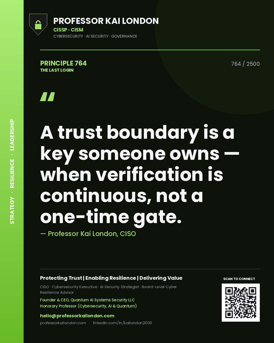 Professor Kai London principle 764: A trust boundary is a key someone owns — when verification is continuous, not a one-time gate.