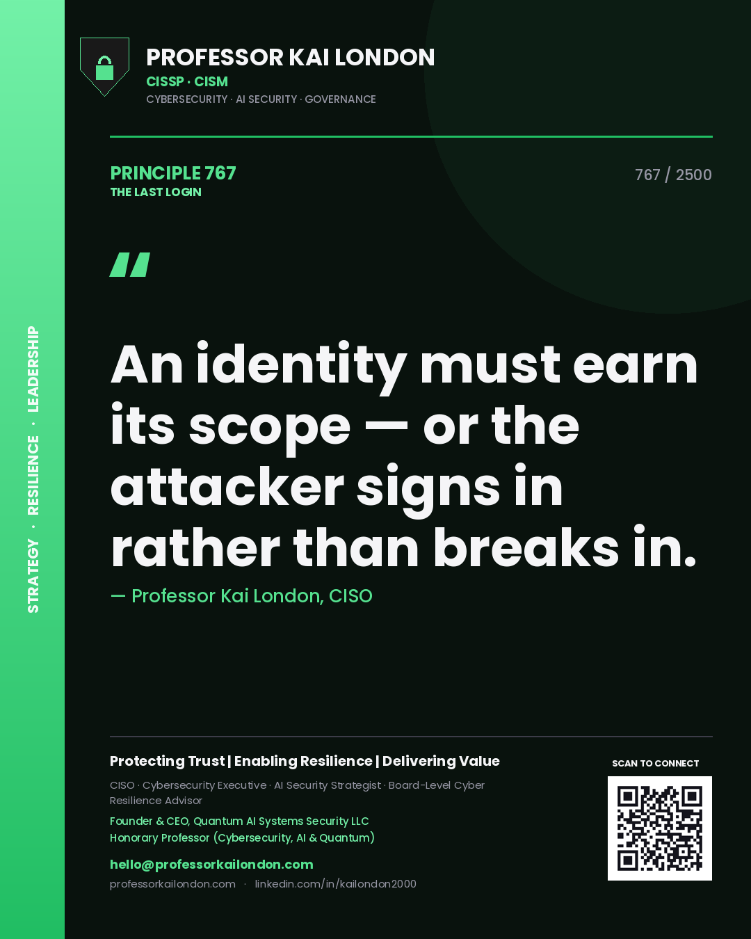 Professor Kai London principle 767: An identity must earn its scope — or the attacker signs in rather than breaks in.