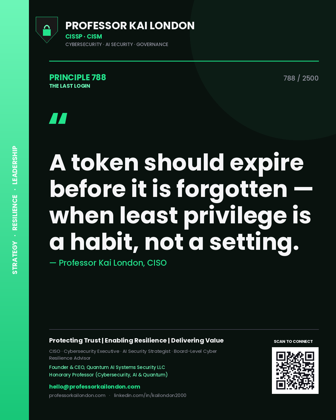 Quote card by Professor Kai London reading 'A token should expire before it is forgotten — when least privilege is a habit, not a setting.'. From the book The Last Login.