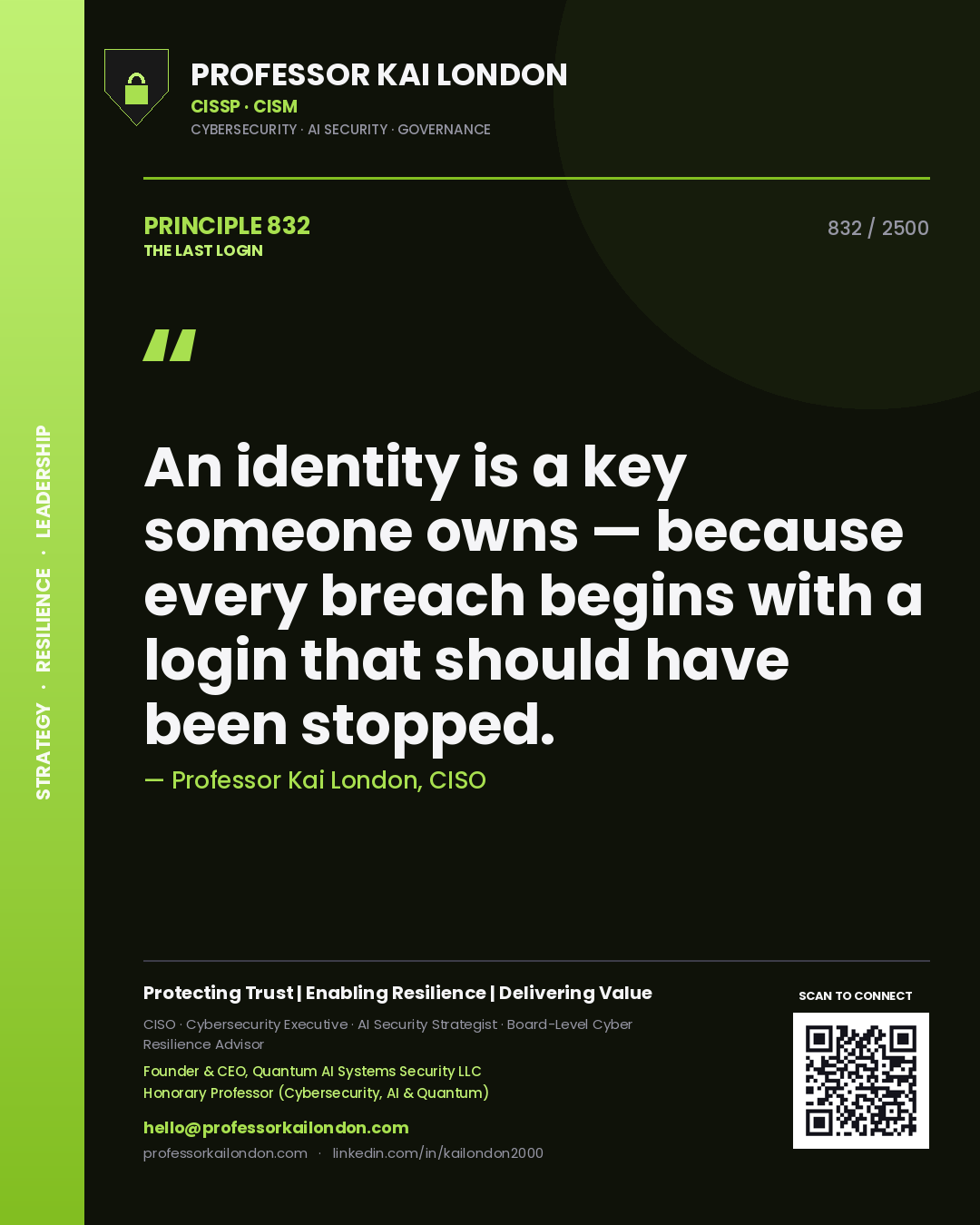 Professor Kai London principle 832: An identity is a key someone owns — because every breach begins with a login that should have been stopped.