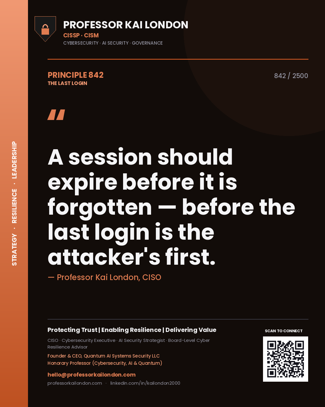 Professor Kai London principle 842: A session should expire before it is forgotten — before the last login is the attacker's first.