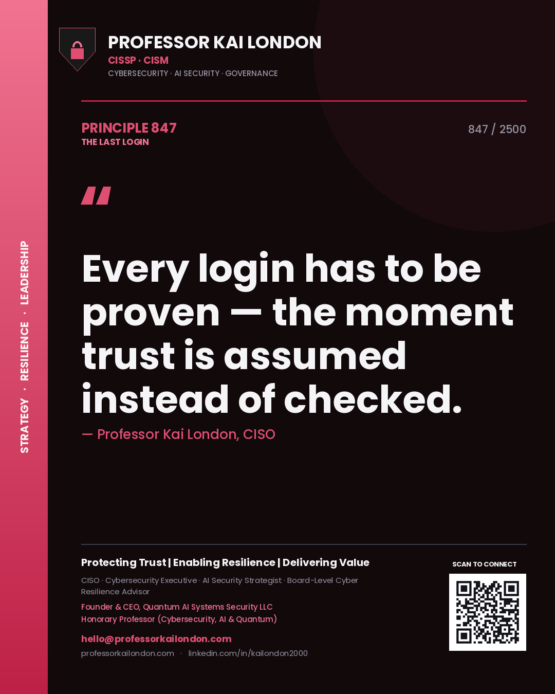 Quote card by Professor Kai London reading 'Every login has to be proven — the moment trust is assumed instead of checked.'. From the book The Last Login.