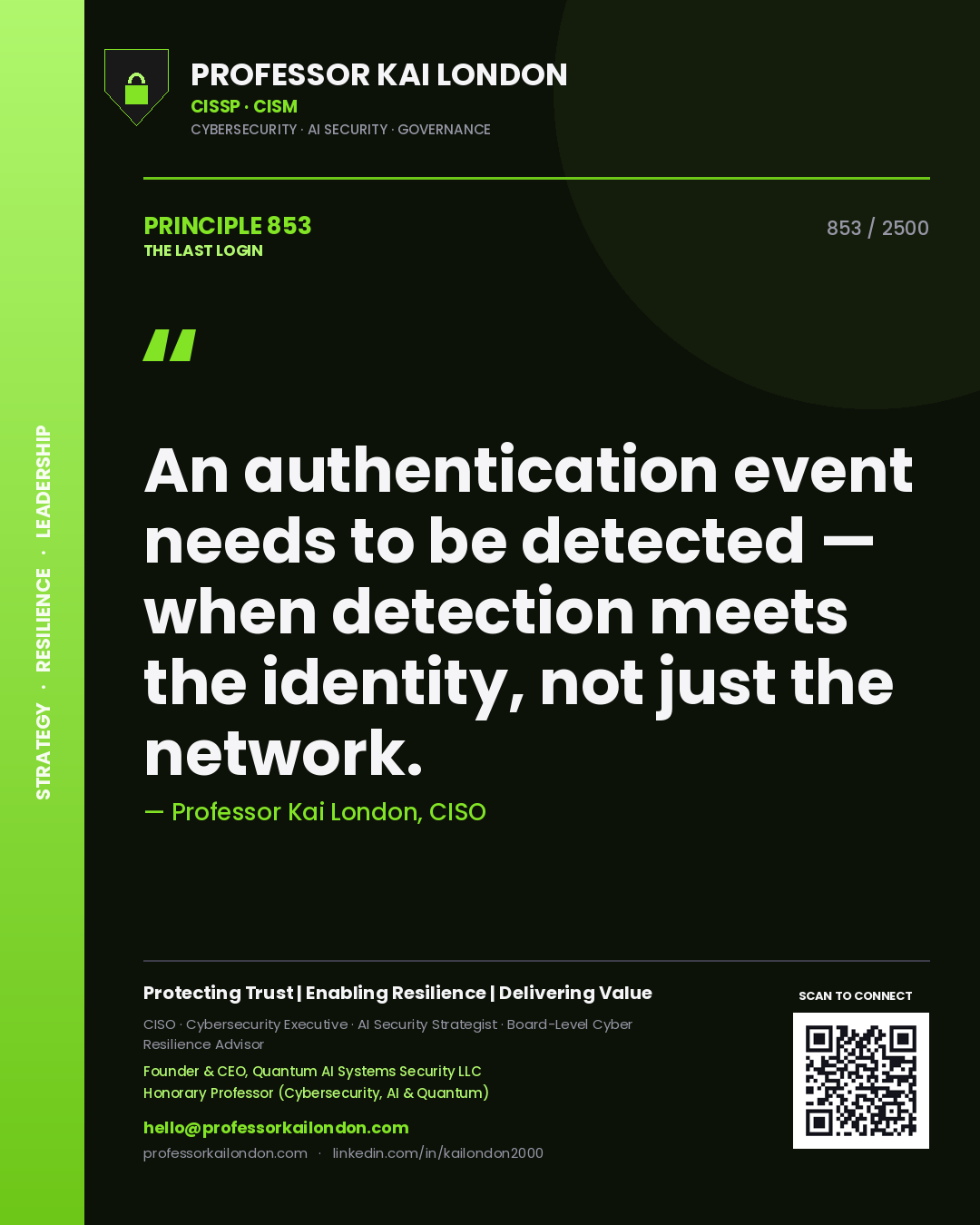 Quote card by Professor Kai London reading 'An authentication event needs to be detected — when detection meets the identity, not just the network.'. From the book The Last Login.