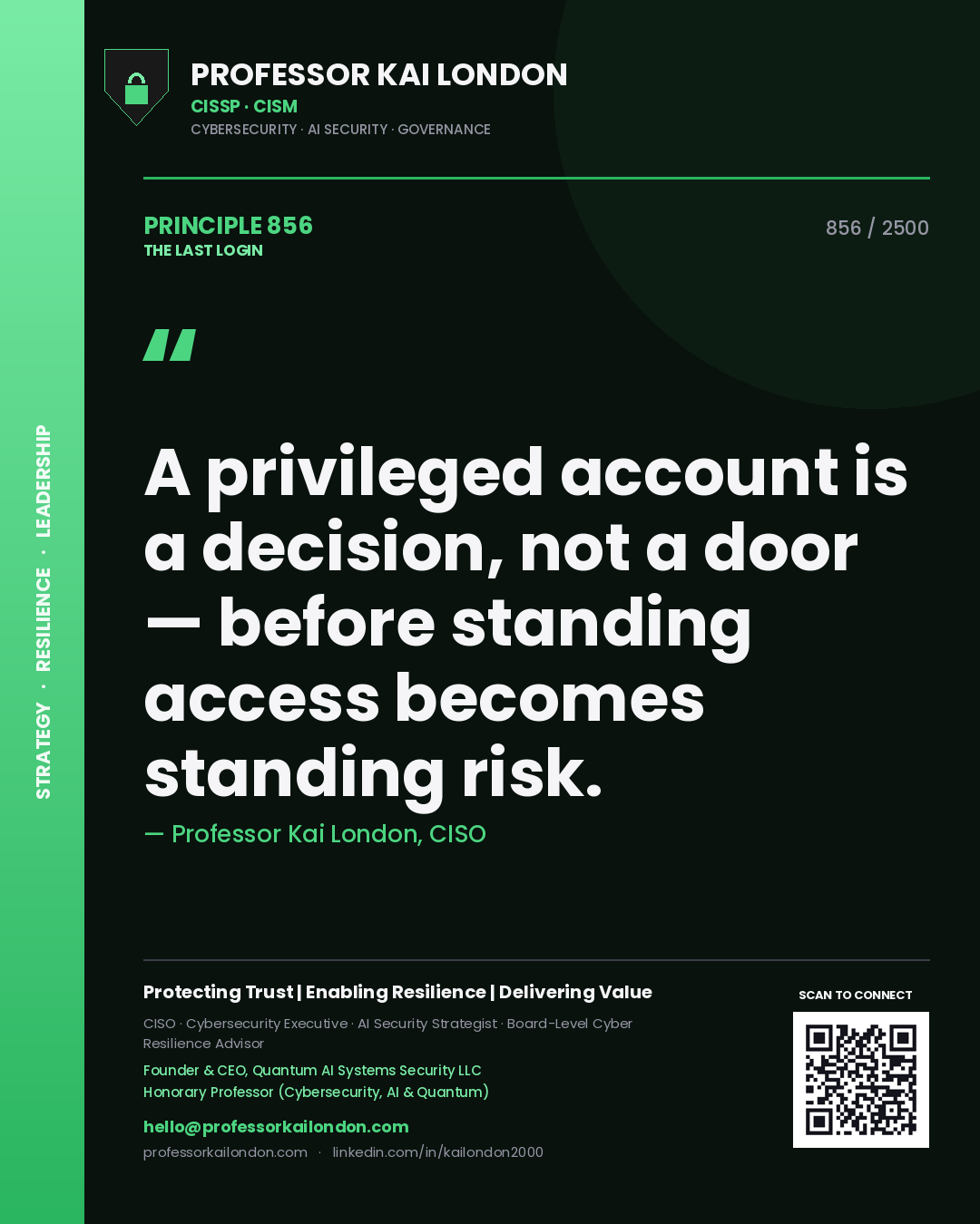 Professor Kai London principle 856: A privileged account is a decision, not a door — before standing access becomes standing risk.