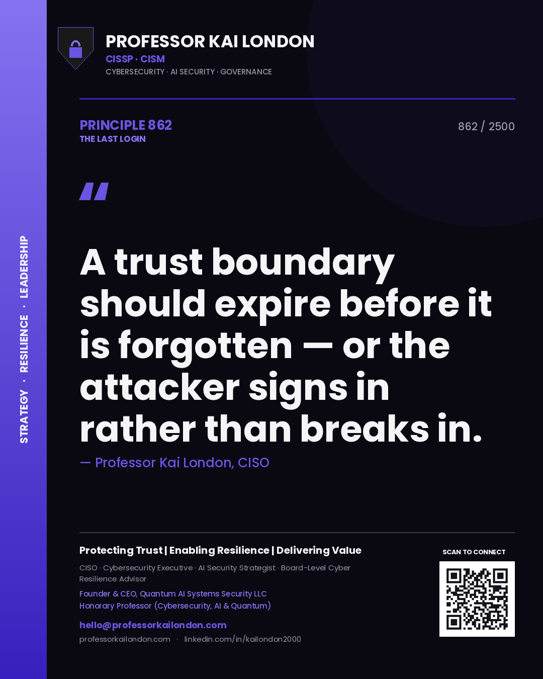 Professor Kai London principle 862: A trust boundary should expire before it is forgotten — or the attacker signs in rather than breaks in.