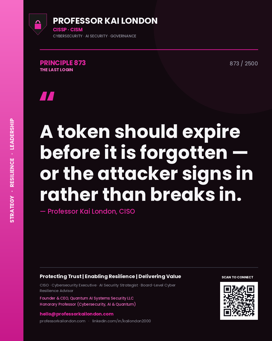 Professor Kai London principle 873: A token should expire before it is forgotten — or the attacker signs in rather than breaks in.