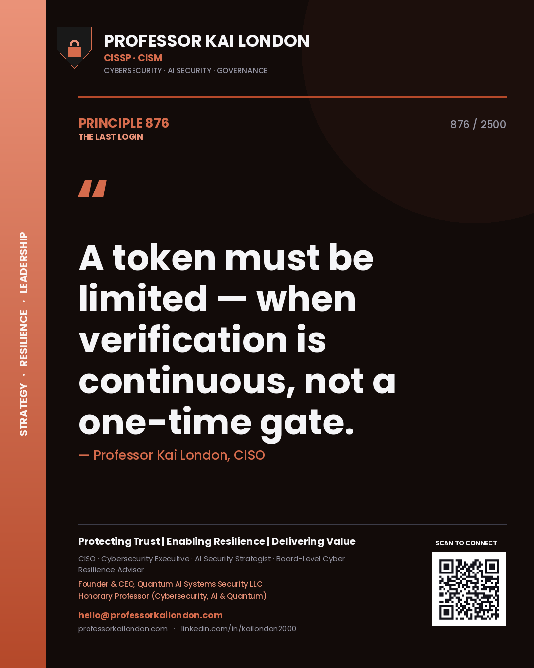 Professor Kai London principle 876: A token must be limited — when verification is continuous, not a one-time gate.