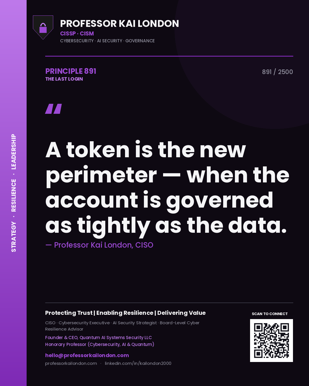 Quote card by Professor Kai London reading 'A token is the new perimeter — when the account is governed as tightly as the data.'. From the book The Last Login.