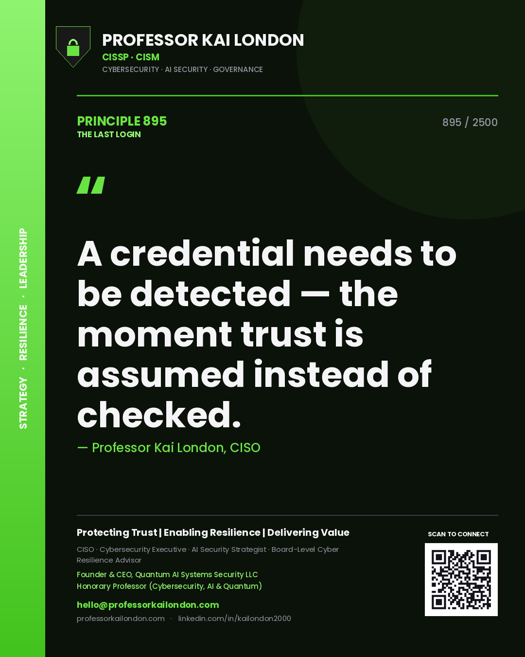 Quote card by Professor Kai London reading 'A credential needs to be detected — the moment trust is assumed instead of checked.'. From the book The Last Login.