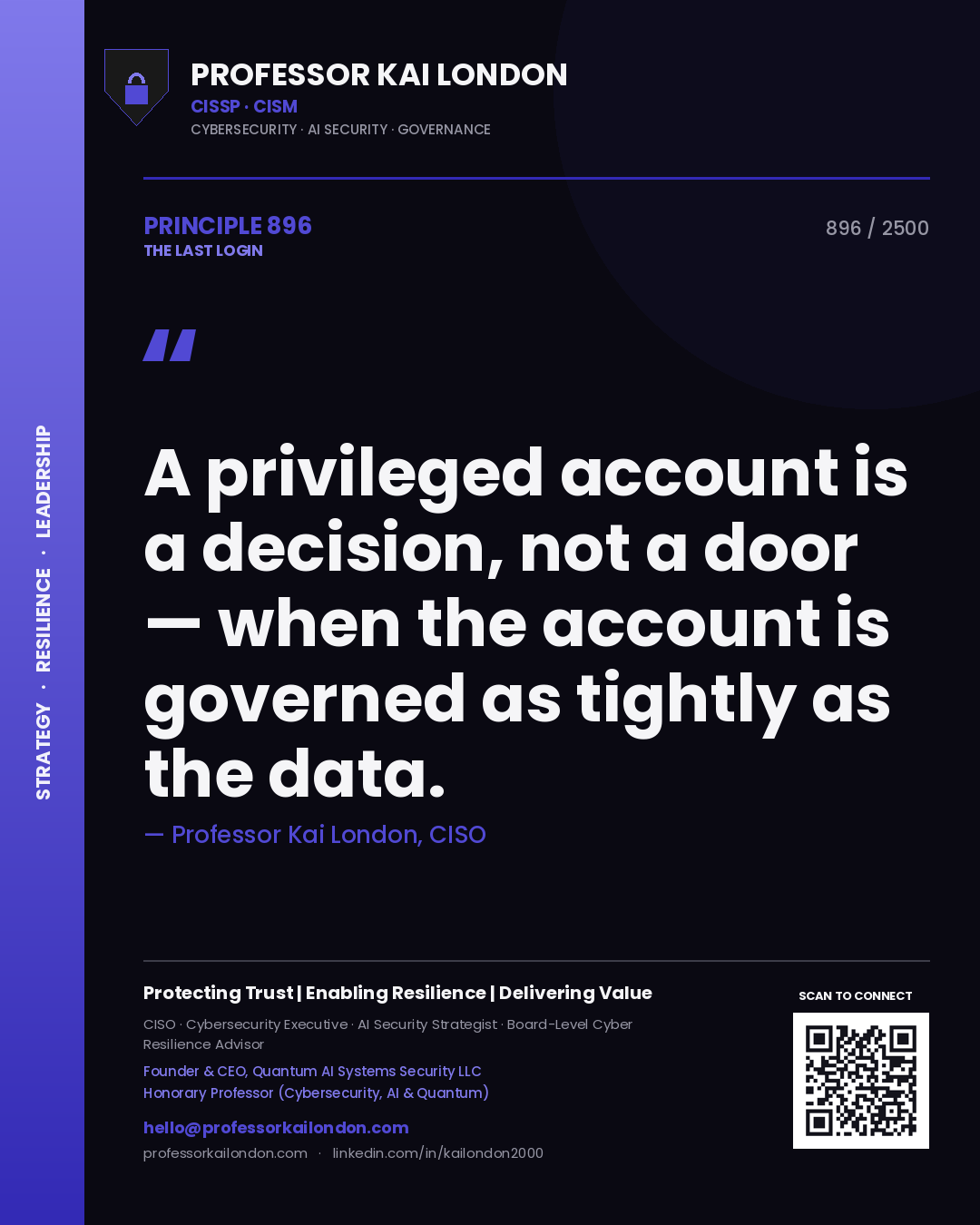 Quote card by Professor Kai London reading 'A privileged account is a decision, not a door — when the account is governed as tightly as the data.'. From the book The Last Login.