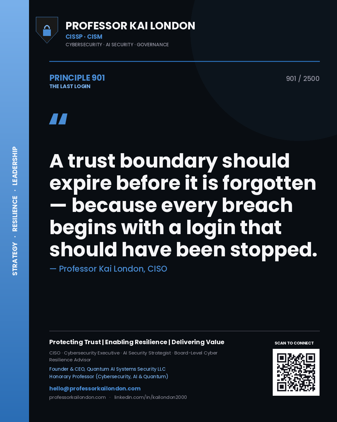 Quote card by Professor Kai London reading 'A trust boundary should expire before it is forgotten — because every breach begins with a login that should have been stopped.'. From the book The Last Login.