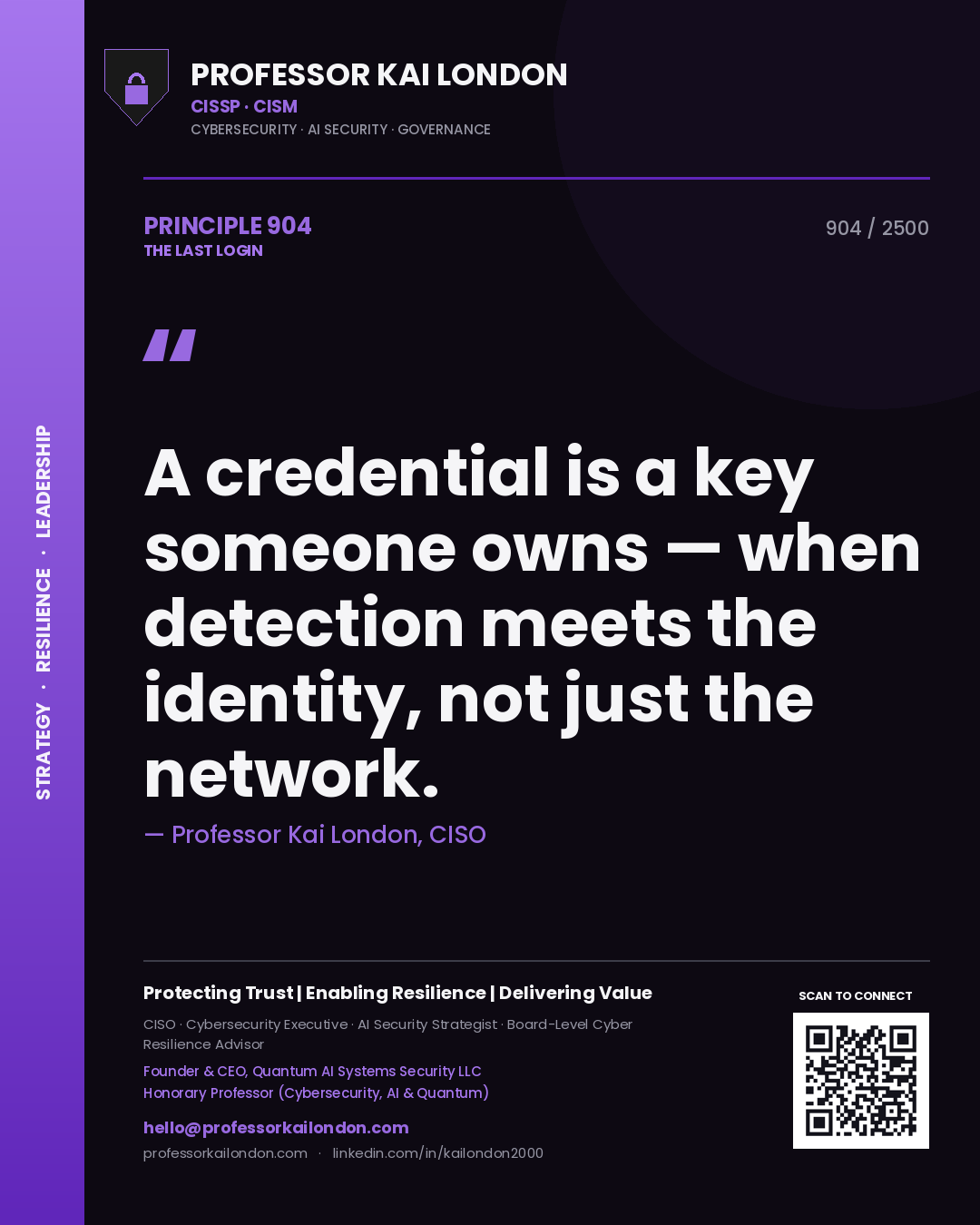 Quote card by Professor Kai London reading 'A credential is a key someone owns — when detection meets the identity, not just the network.'. From the book The Last Login.