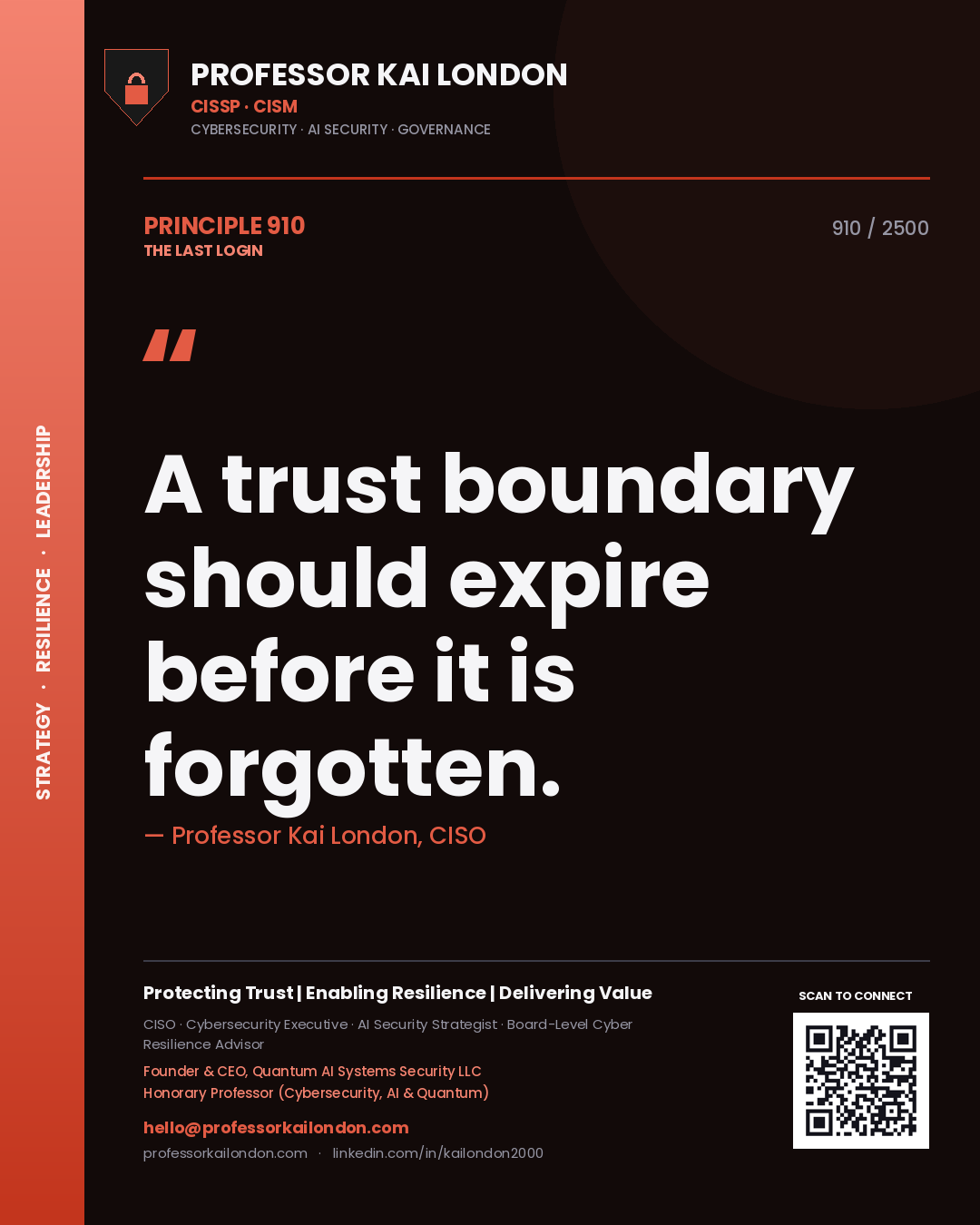 Quote card by Professor Kai London reading 'A trust boundary should expire before it is forgotten.'. From the book The Last Login.