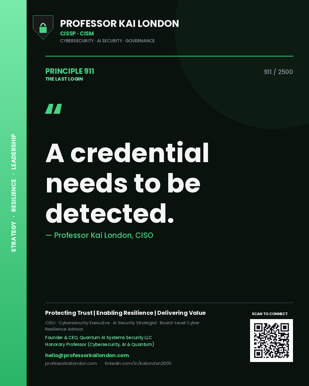 Quote card by Professor Kai London reading 'A credential needs to be detected.'. From the book The Last Login.