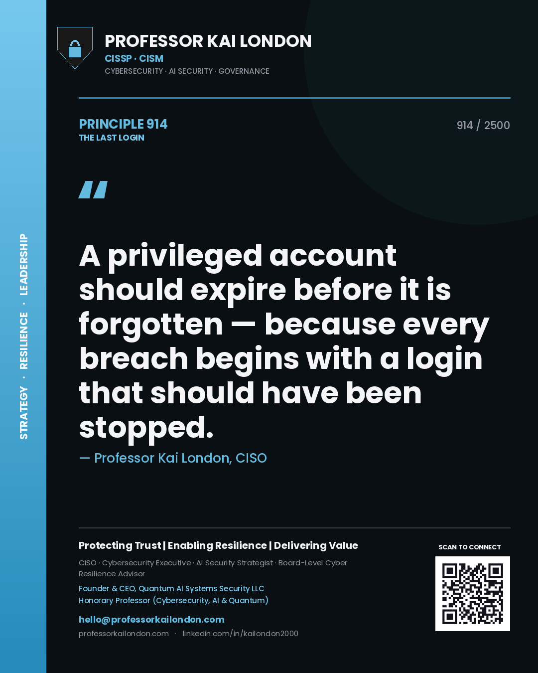 Quote card by Professor Kai London reading 'A privileged account should expire before it is forgotten — because every breach begins with a login that should have been stopped.'. From the book The Last Login.