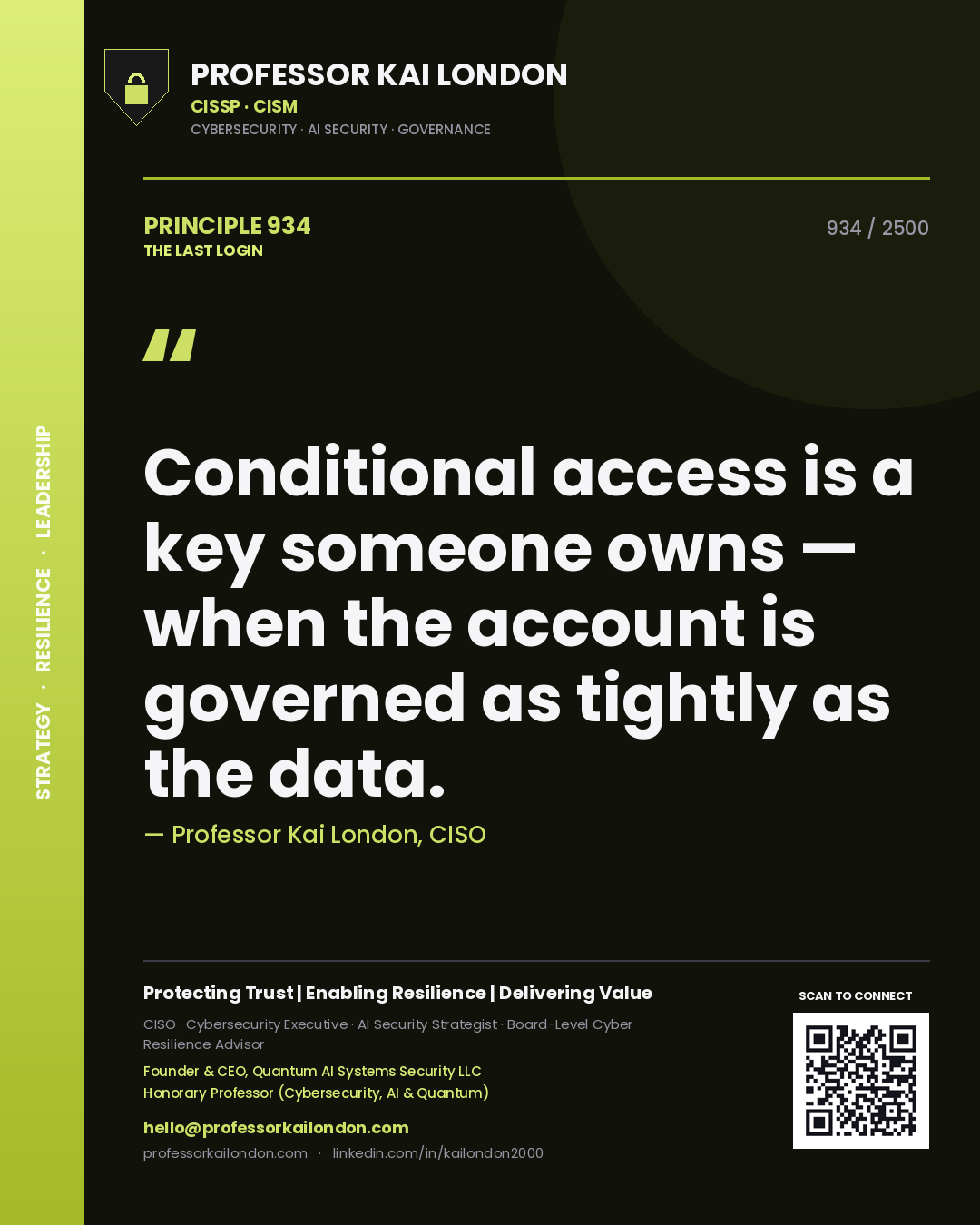 Quote card by Professor Kai London reading 'Conditional access is a key someone owns — when the account is governed as tightly as the data.'. From the book The Last Login.