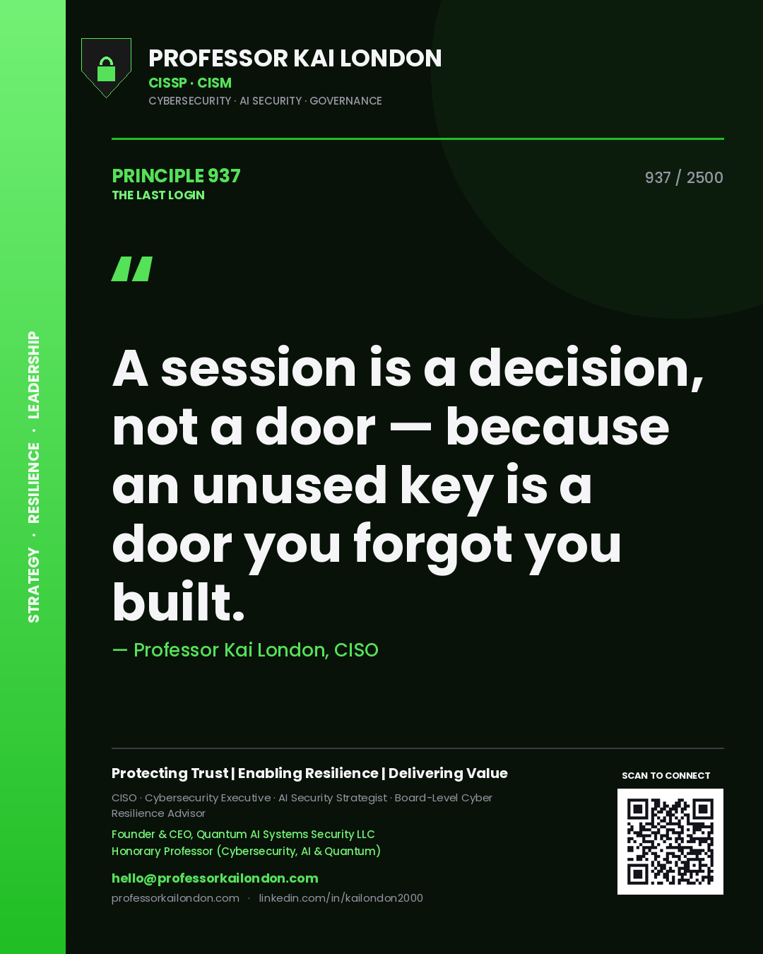 Quote card by Professor Kai London reading 'A session is a decision, not a door — because an unused key is a door you forgot you built.'. From the book The Last Login.