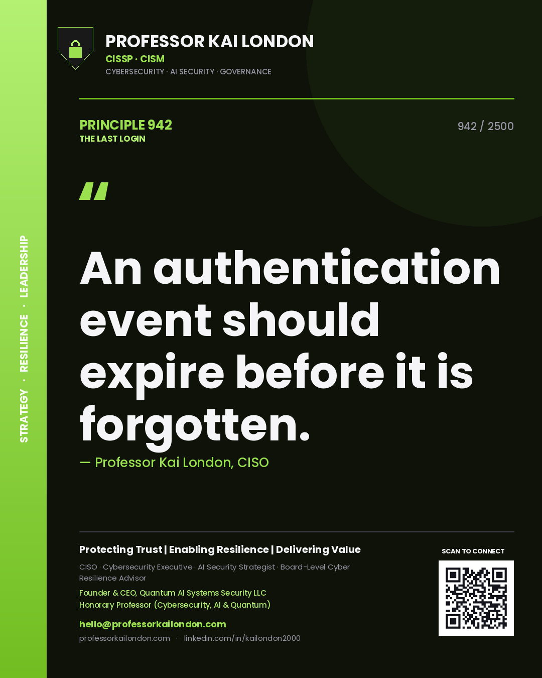 Quote card by Professor Kai London reading 'An authentication event should expire before it is forgotten.'. From the book The Last Login.