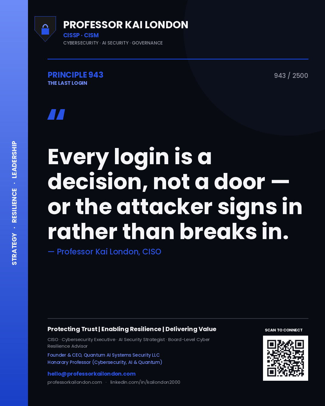 Quote card by Professor Kai London reading 'Every login is a decision, not a door — or the attacker signs in rather than breaks in.'. From the book The Last Login.
