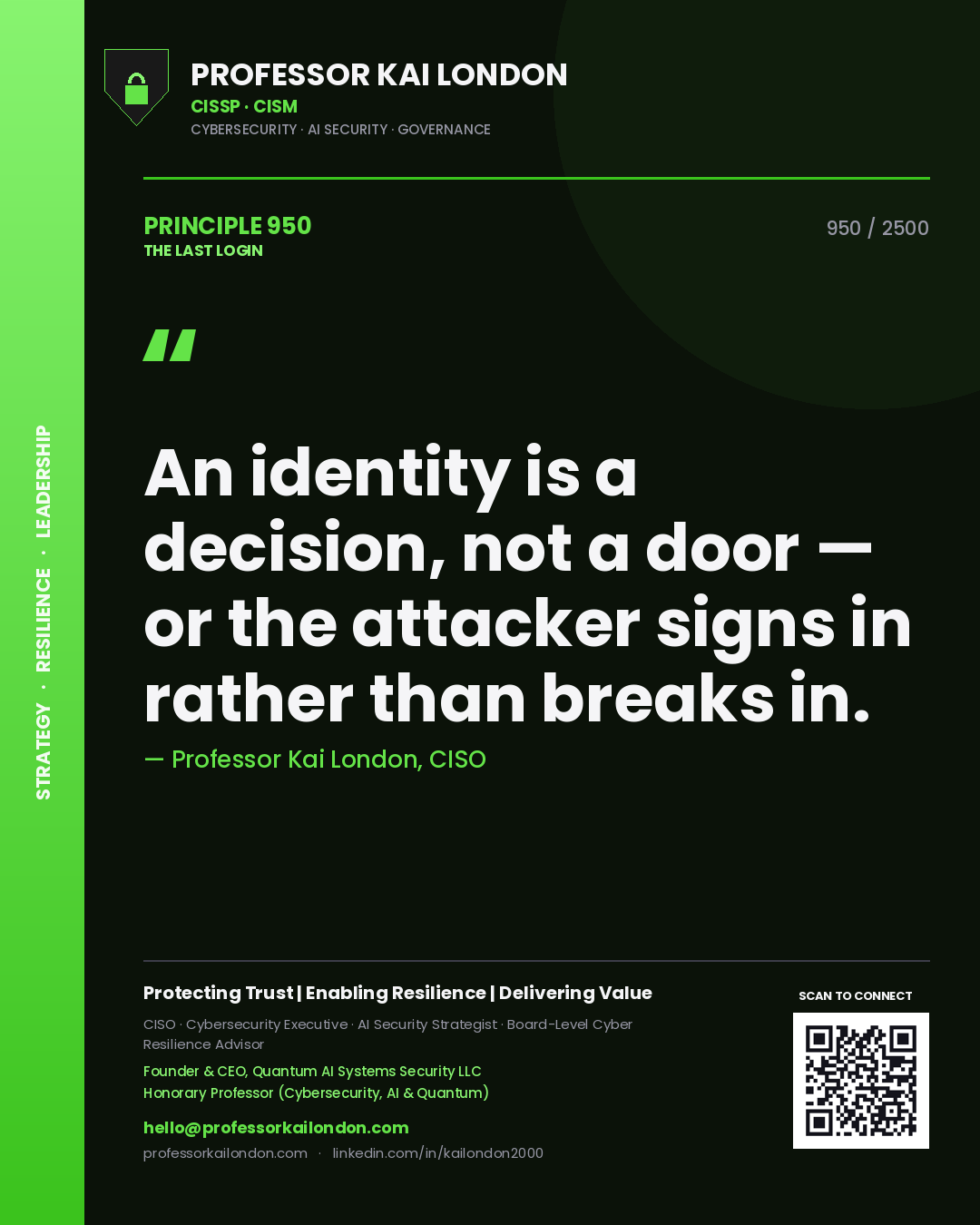 Quote card by Professor Kai London reading 'An identity is a decision, not a door — or the attacker signs in rather than breaks in.'. From the book The Last Login.