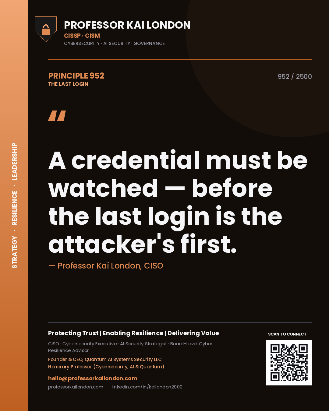 Quote card by Professor Kai London reading 'A credential must be watched — before the last login is the attacker's first.'. From the book The Last Login.
