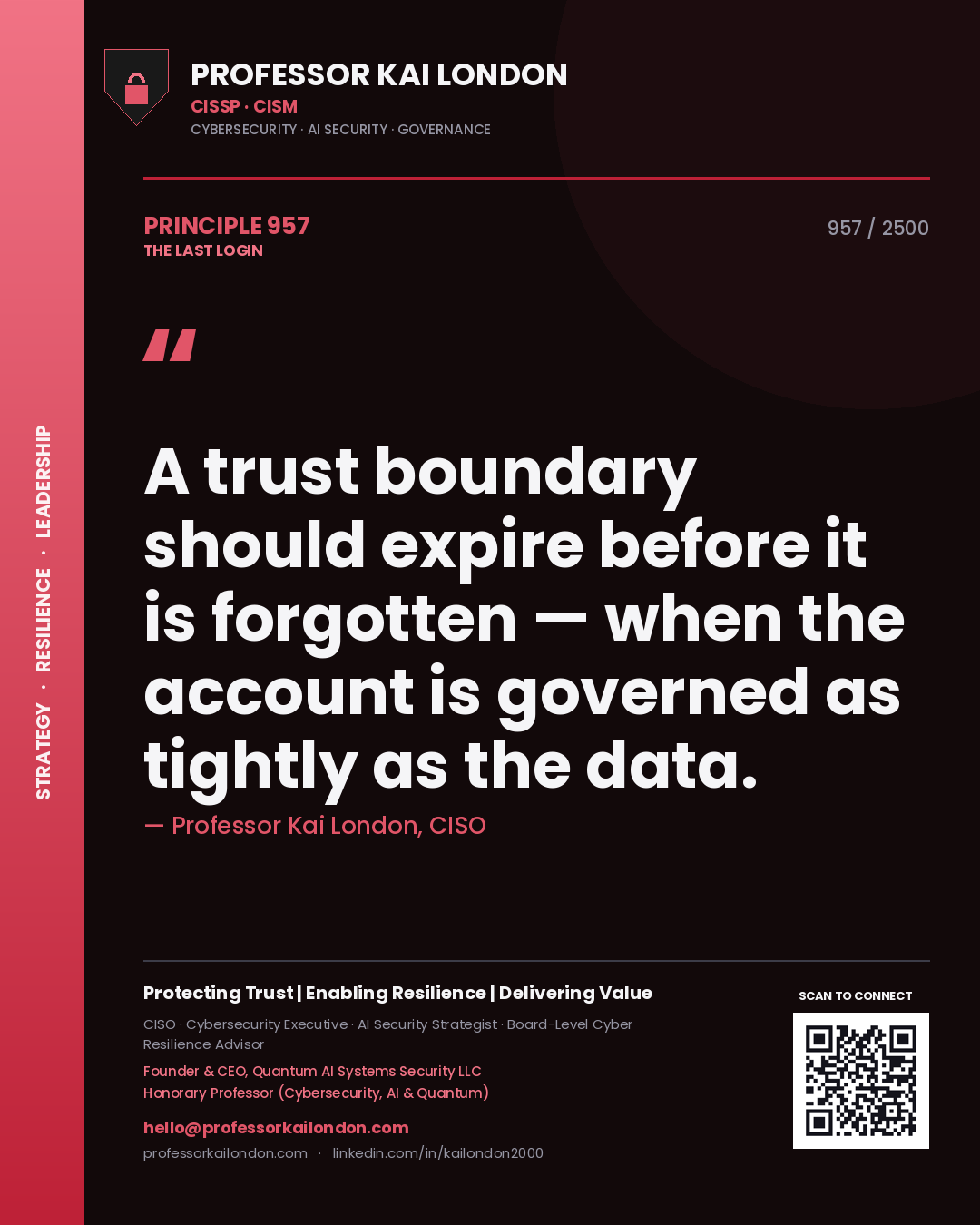 Quote card by Professor Kai London reading 'A trust boundary should expire before it is forgotten — when the account is governed as tightly as the data.'. From the book The Last Login.