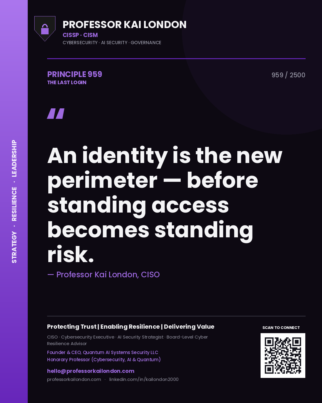 Quote card by Professor Kai London reading 'An identity is the new perimeter — before standing access becomes standing risk.'. From the book The Last Login.