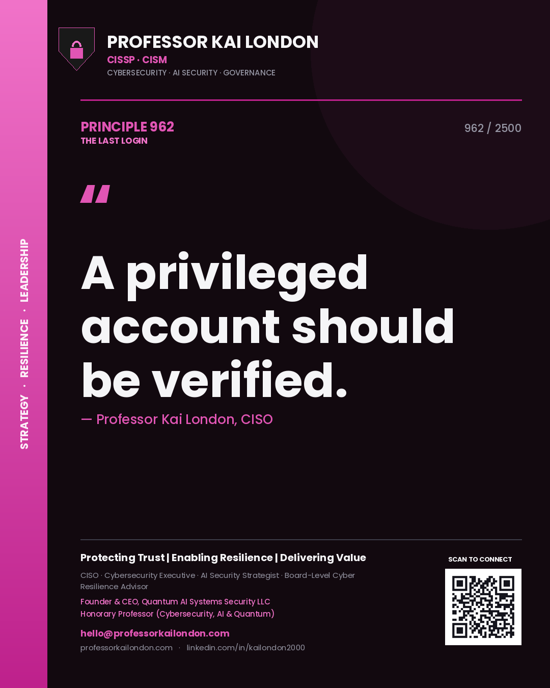 Quote card by Professor Kai London reading 'A privileged account should be verified.'. From the book The Last Login.