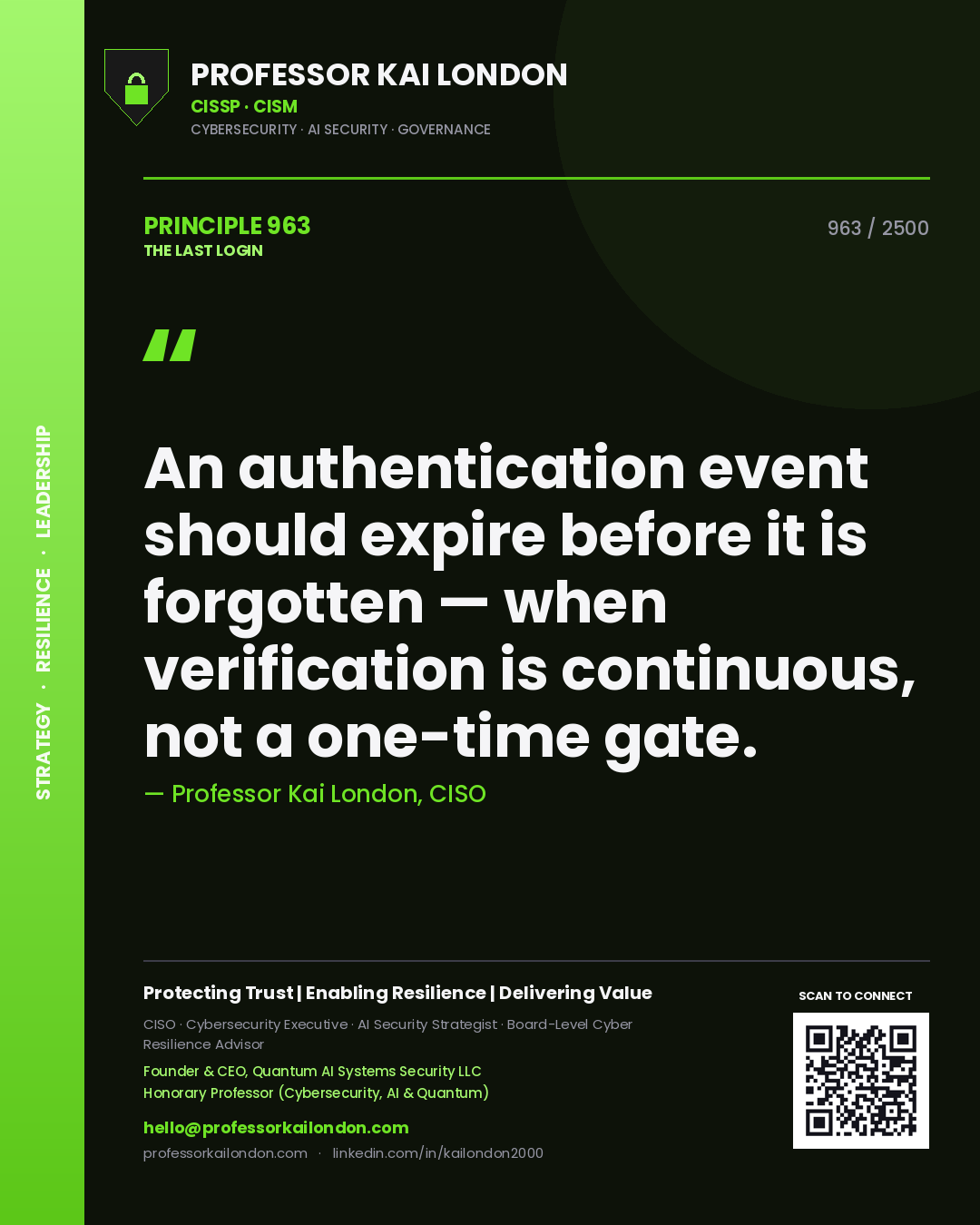 Quote card by Professor Kai London reading 'An authentication event should expire before it is forgotten — when verification is continuous, not a one-time gate.'. From the book The Last Login.