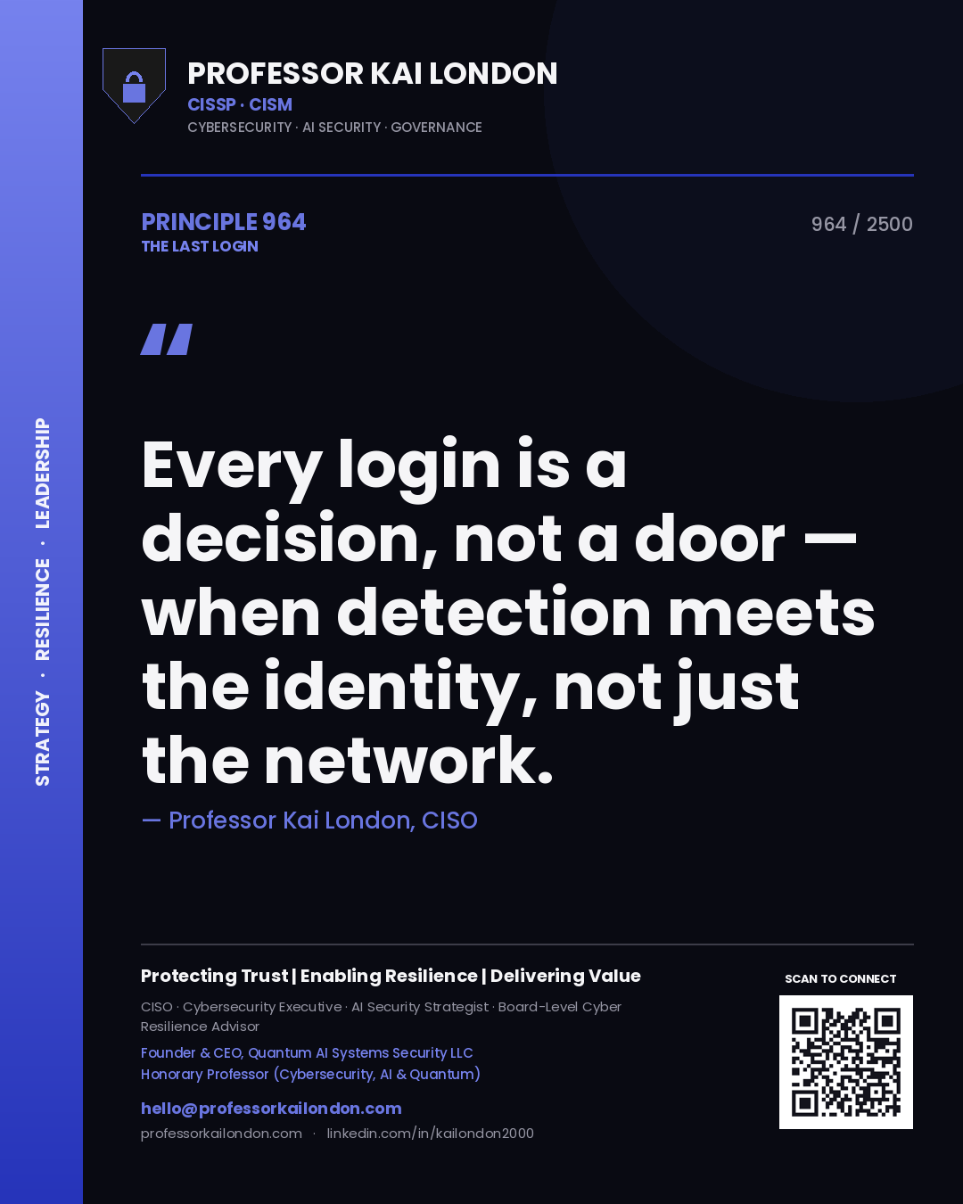 Quote card by Professor Kai London reading 'Every login is a decision, not a door — when detection meets the identity, not just the network.'. From the book The Last Login.