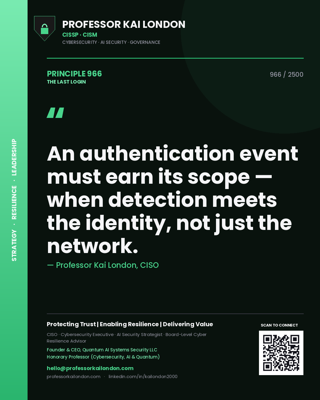 Quote card by Professor Kai London reading 'An authentication event must earn its scope — when detection meets the identity, not just the network.'. From the book The Last Login.