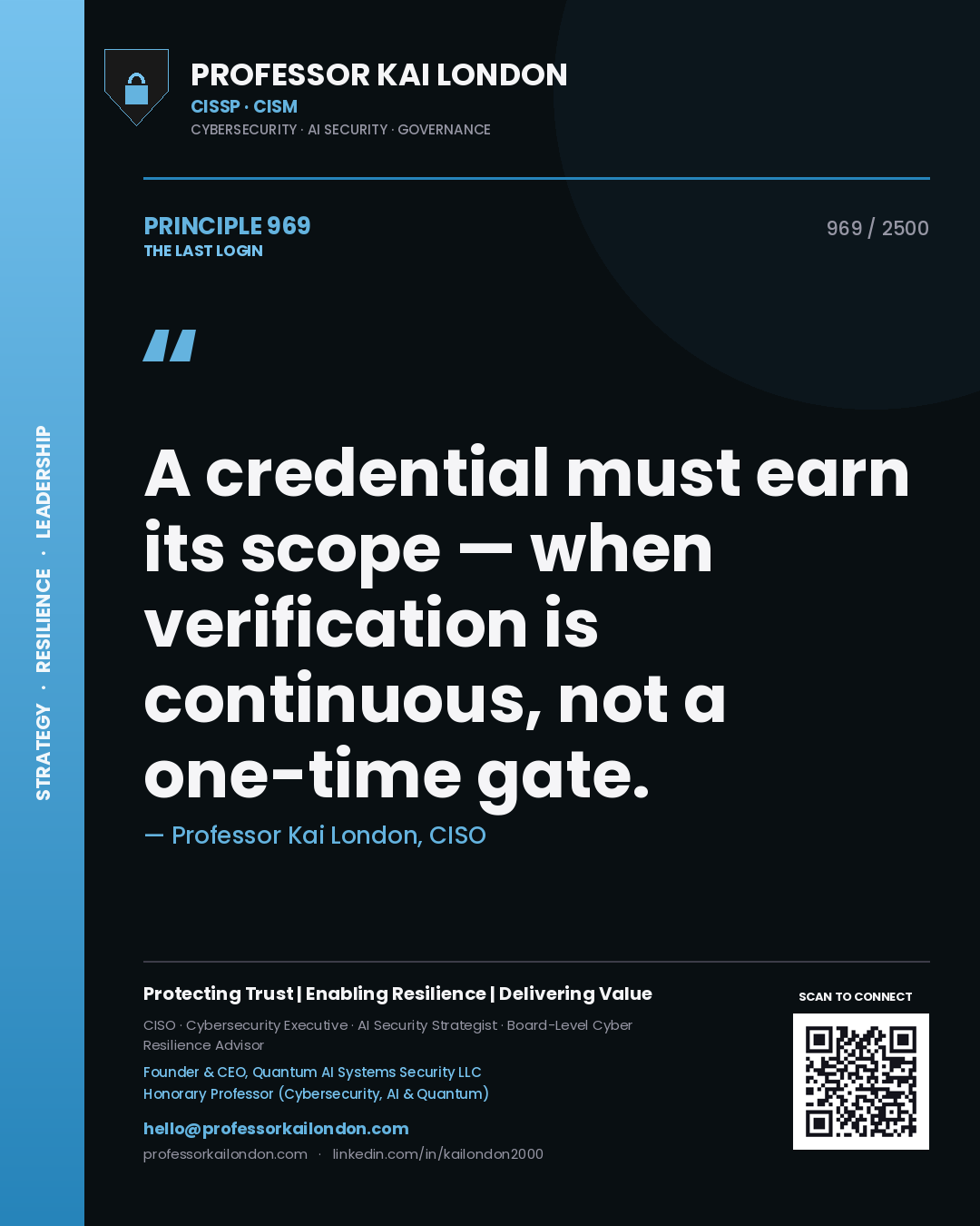 Professor Kai London principle 969: A credential must earn its scope — when verification is continuous, not a one-time gate.