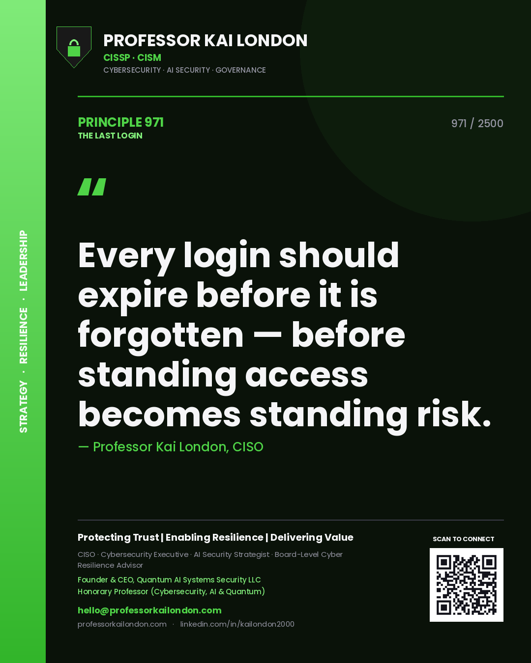 Quote card by Professor Kai London reading 'Every login should expire before it is forgotten — before standing access becomes standing risk.'. From the book The Last Login.