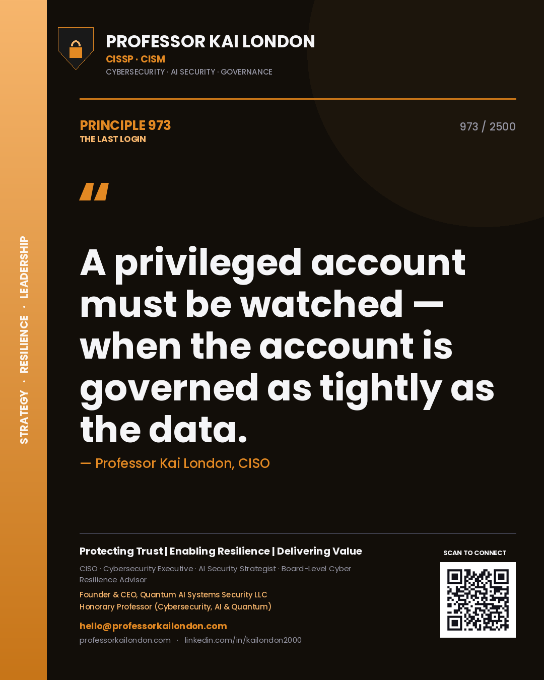Quote card by Professor Kai London reading 'A privileged account must be watched — when the account is governed as tightly as the data.'. From the book The Last Login.