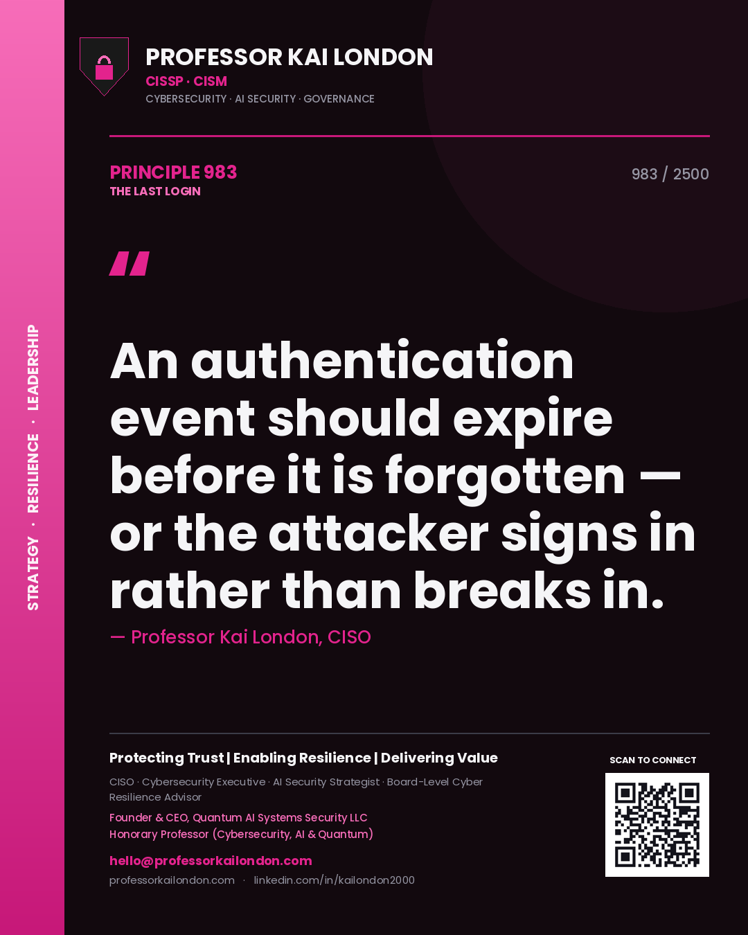 Quote card by Professor Kai London reading 'An authentication event should expire before it is forgotten — or the attacker signs in rather than breaks in.'. From the book The Last Login.