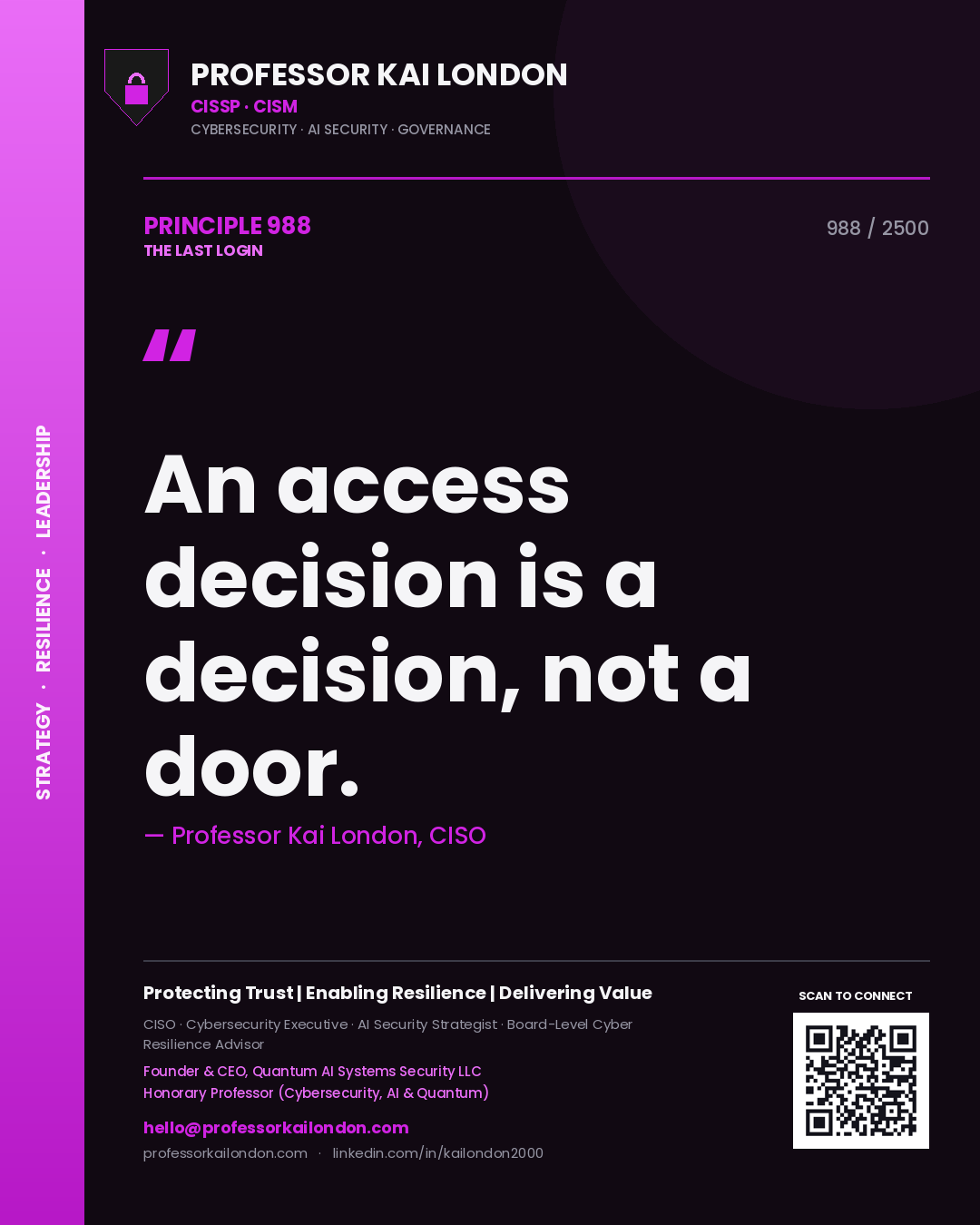 Quote card by Professor Kai London reading 'An access decision is a decision, not a door.'. From the book The Last Login.