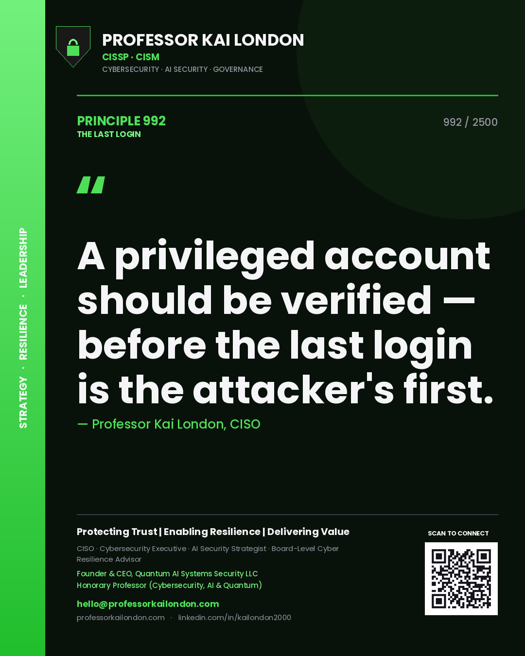Quote card by Professor Kai London reading 'A privileged account should be verified — before the last login is the attacker's first.'. From the book The Last Login.