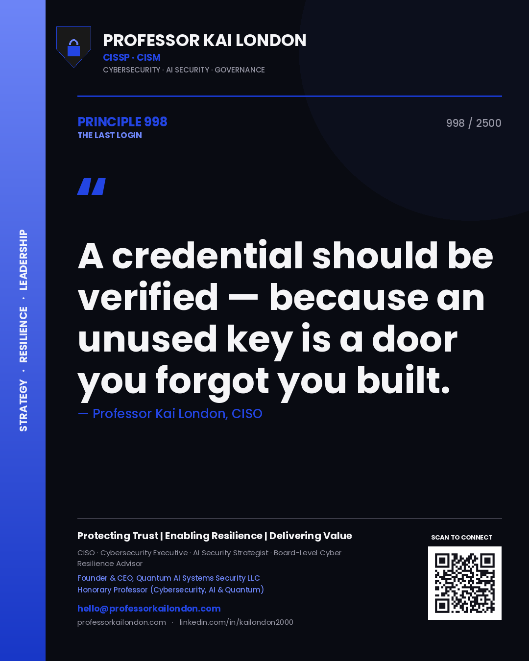 Quote card by Professor Kai London reading 'A credential should be verified — because an unused key is a door you forgot you built.'. From the book The Last Login.
