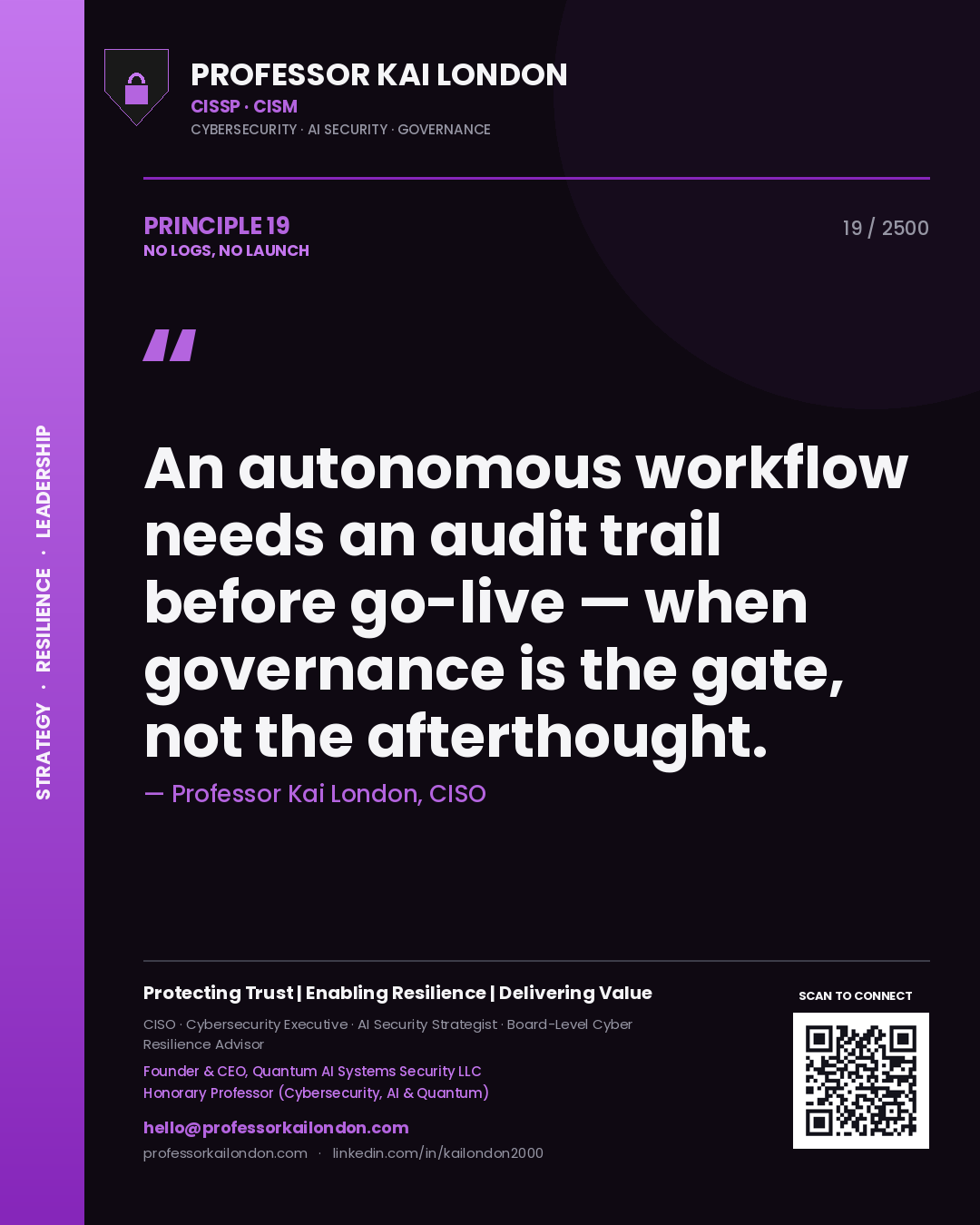 Professor Kai London principle 19: An autonomous workflow needs an audit trail before go-live — when governance is the gate, not the afterthought.