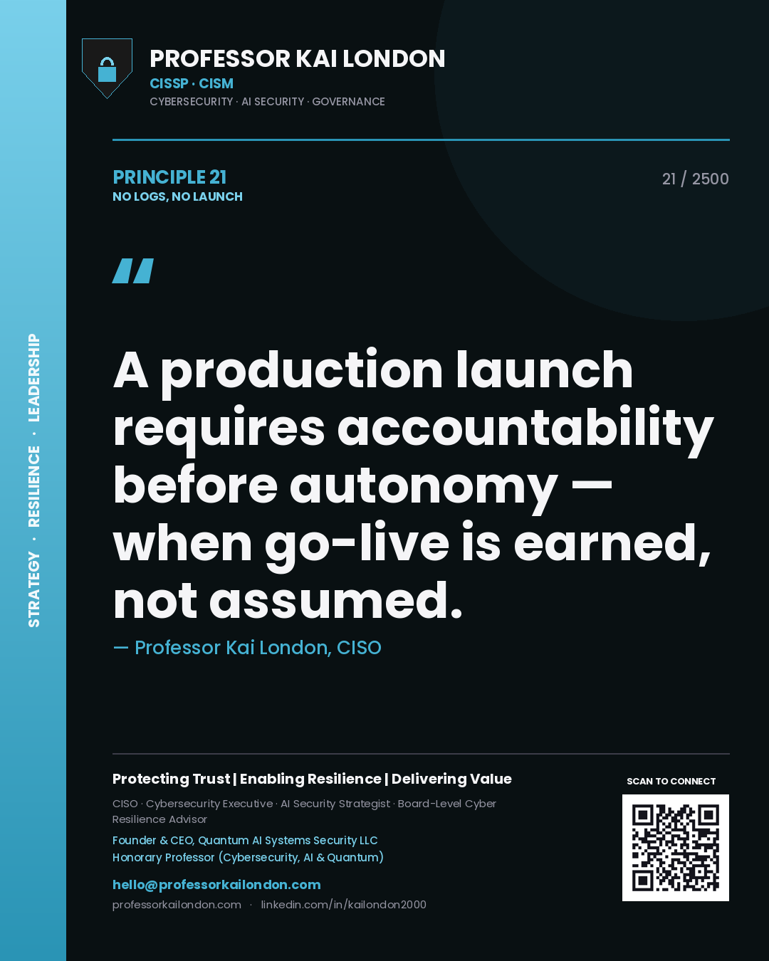 Professor Kai London principle 21: A production launch requires accountability before autonomy — when go-live is earned, not assumed.