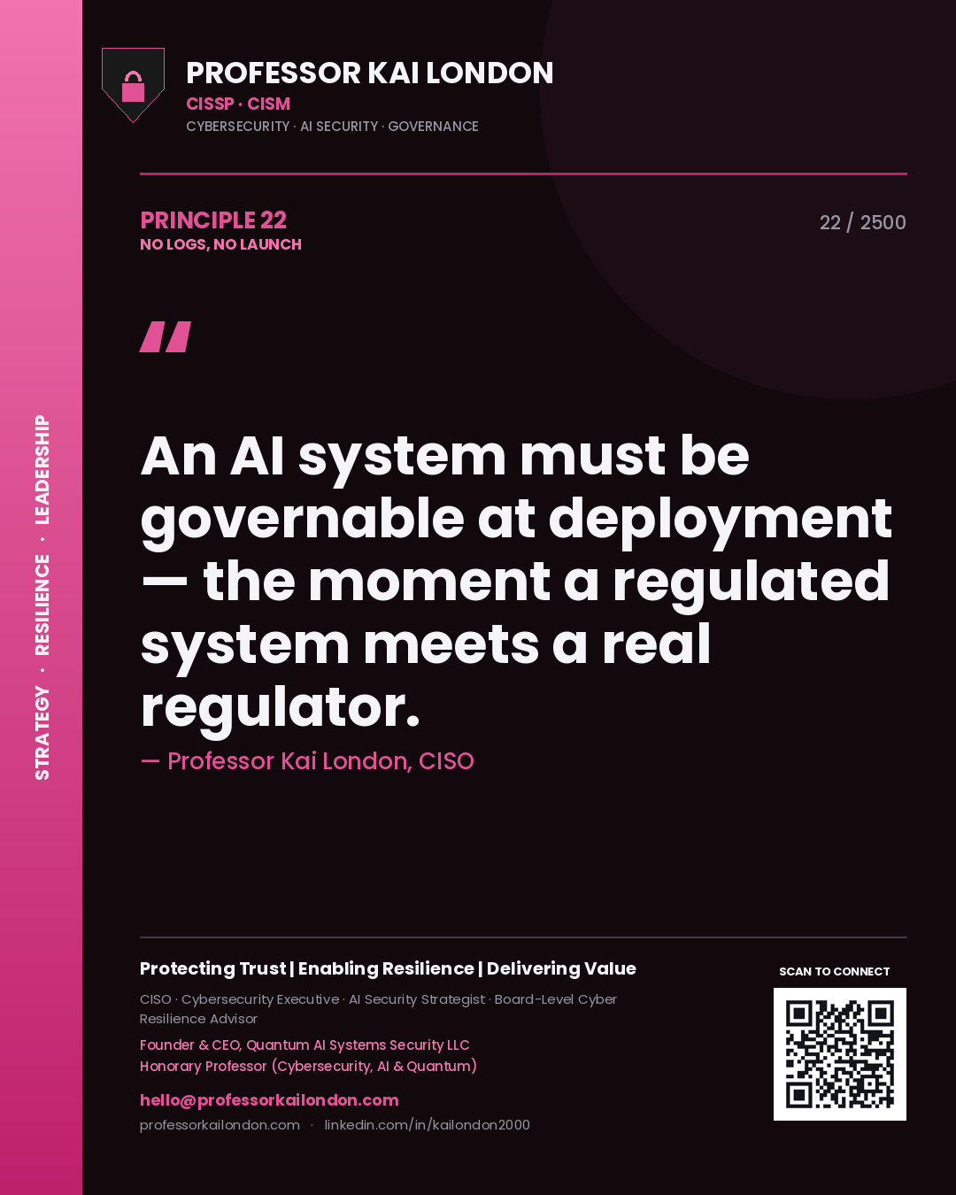 Professor Kai London principle 22: An AI system must be governable at deployment — the moment a regulated system meets a real regulator.