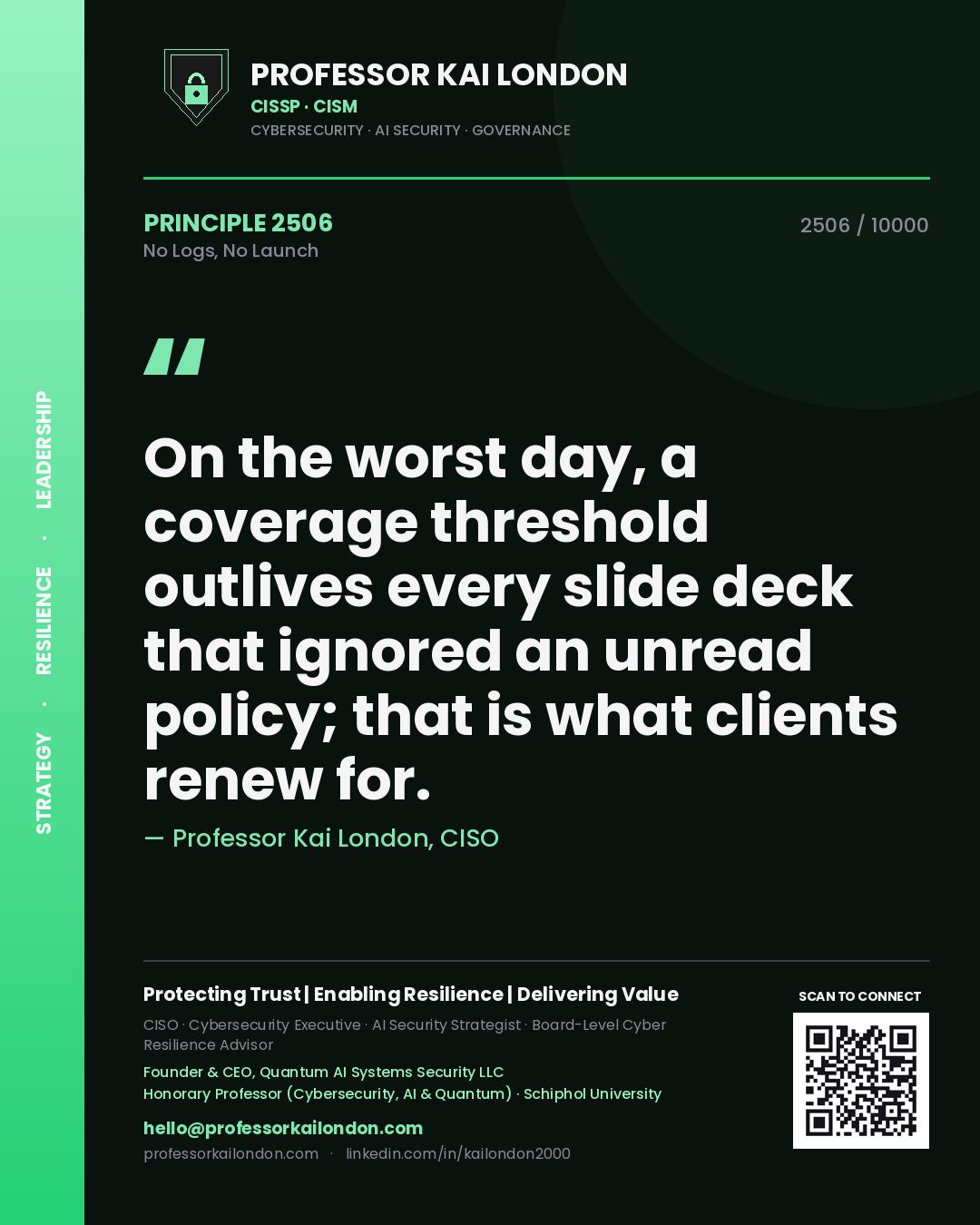 Professor Kai London principle 2506: On the worst day, a coverage threshold outlives every slide deck that ignored an unread policy; that is what clients renew for.