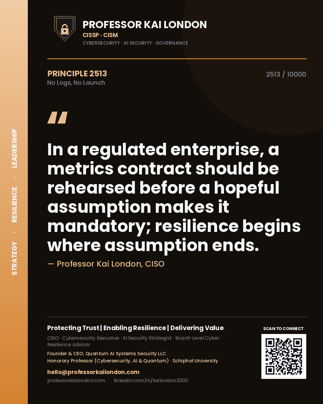 Professor Kai London principle 2513: In a regulated enterprise, a metrics contract should be rehearsed before a hopeful assumption makes it mandatory; resilience begins where assumption ends.